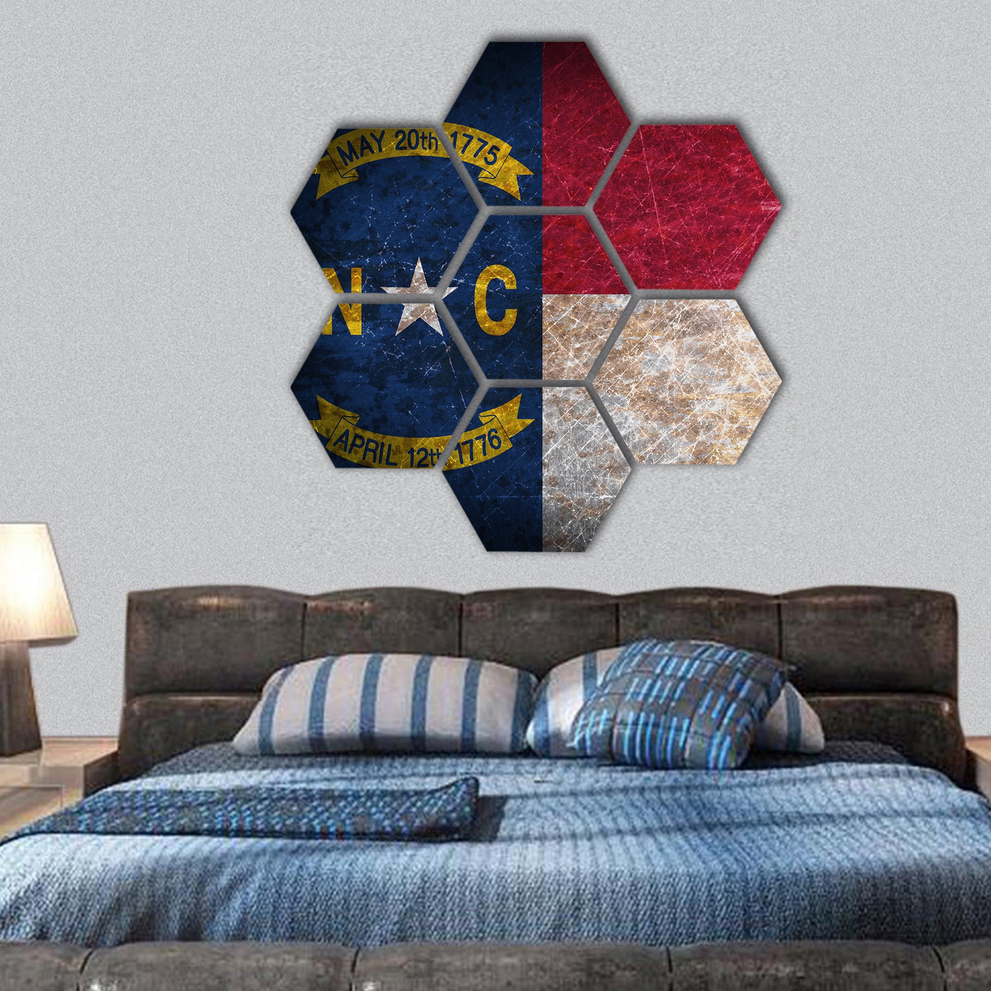 Old rusty metal sign with a flag - North Carolina hexagonal canvas wall art