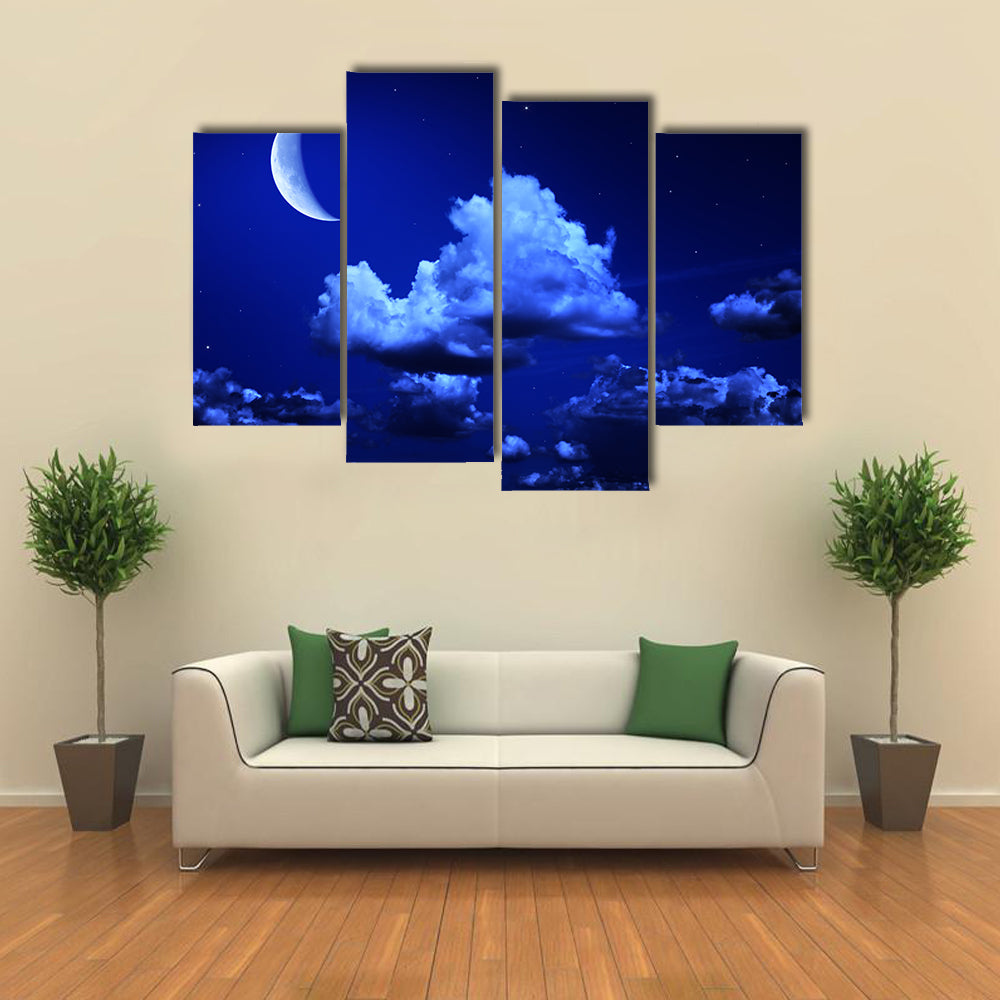Crescent Moon In A Cloudy Night Multi Panel Canvas Wall Art