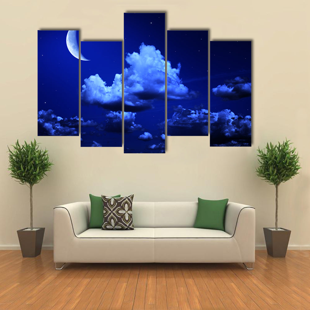 Crescent Moon In A Cloudy Night Multi Panel Canvas Wall Art
