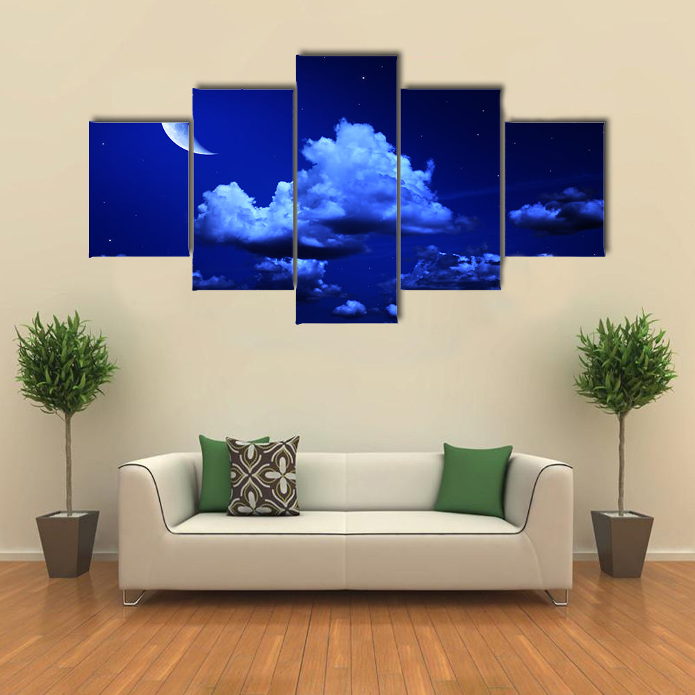 Crescent Moon In A Cloudy Night Multi Panel Canvas Wall Art