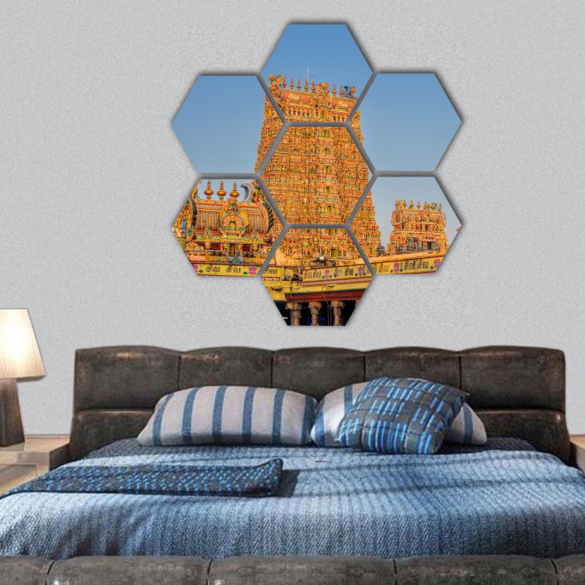 Colorful towers of Meenakshi Amman Temple in India hexagonal canvas wall art