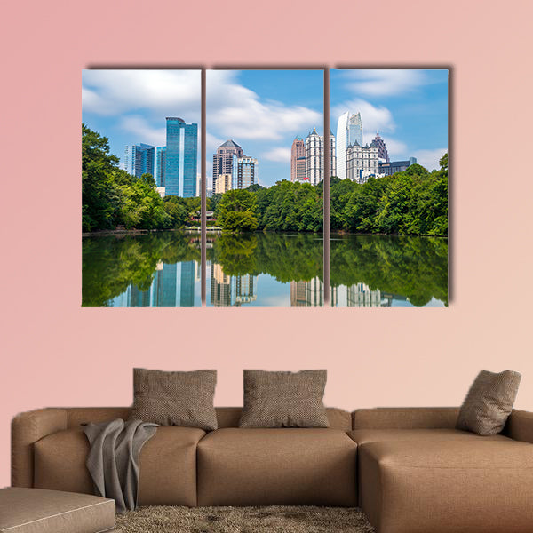 Skyline and reflections of midtown Atlanta, Georgia in Lake Meer multi panel canvas wall art