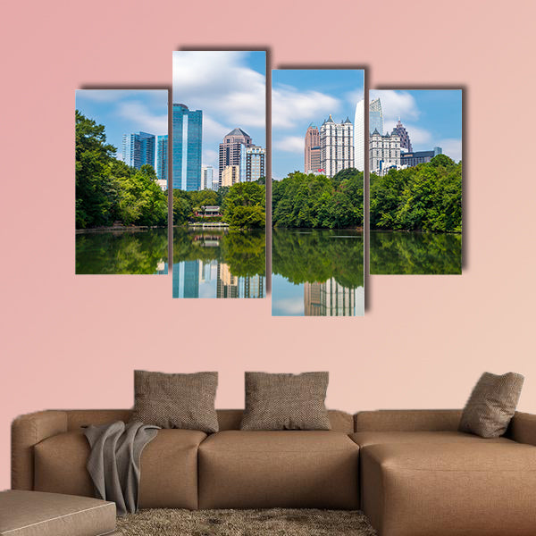 Skyline and reflections of midtown Atlanta, Georgia in Lake Meer multi panel canvas wall art