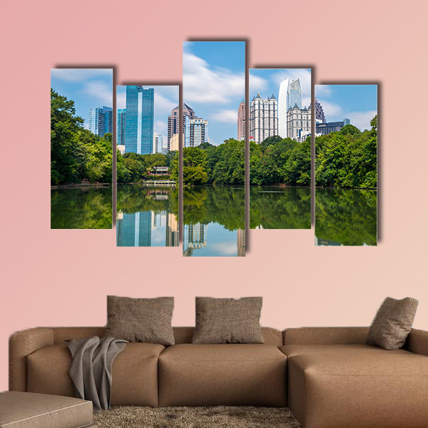 Skyline and reflections of midtown Atlanta, Georgia in Lake Meer multi panel canvas wall art