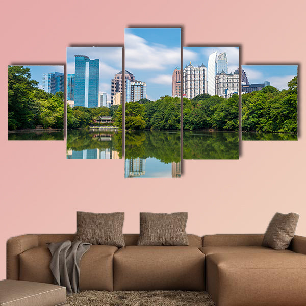 Skyline and reflections of midtown Atlanta, Georgia in Lake Meer multi panel canvas wall art