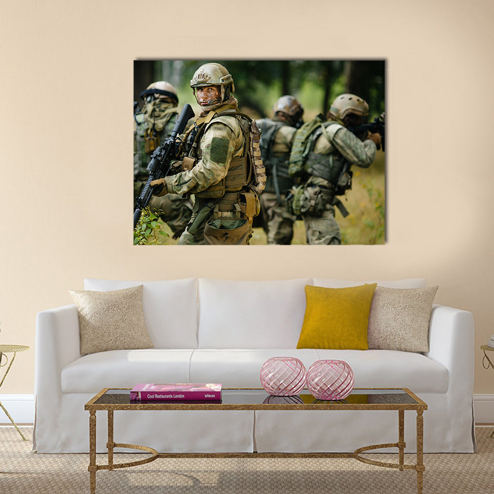Soldiers Busy In Operation In A Jungle Multi Panel Canvas Wall Art Print