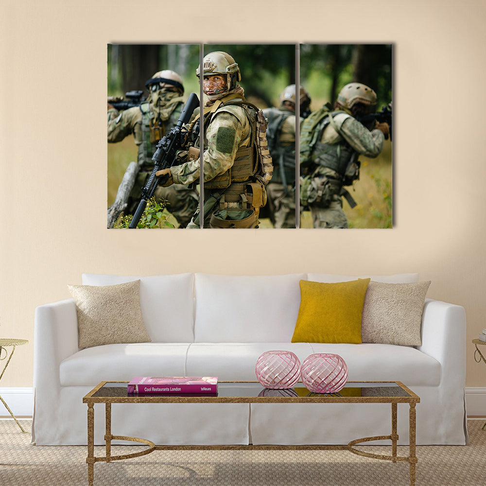 Soldiers Busy In Operation In A Jungle Multi Panel Canvas Wall Art Print