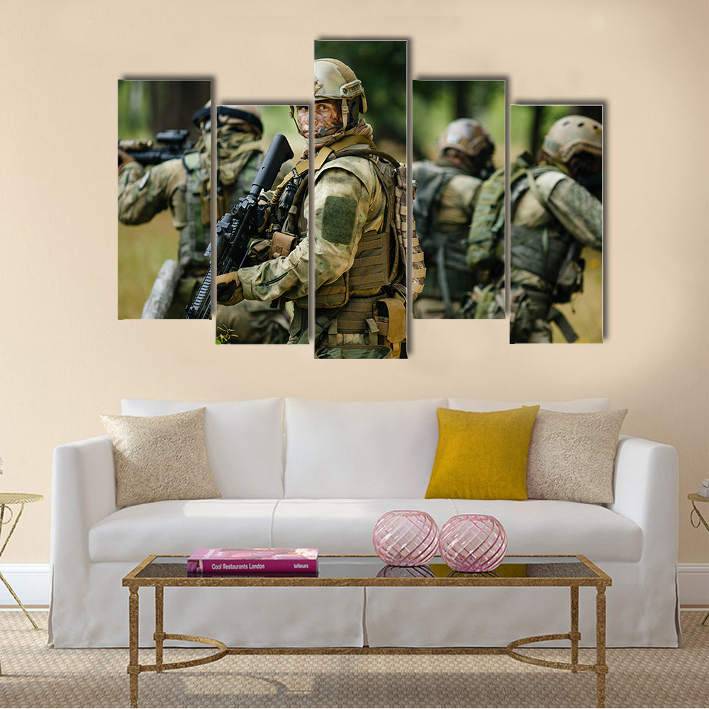 Soldiers Busy In Operation In A Jungle Multi Panel Canvas Wall Art Print