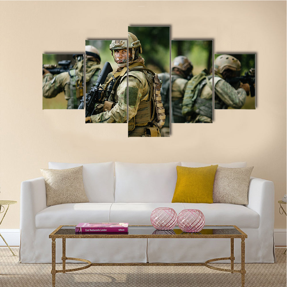 Soldiers Busy In Operation In A Jungle Multi Panel Canvas Wall Art Print