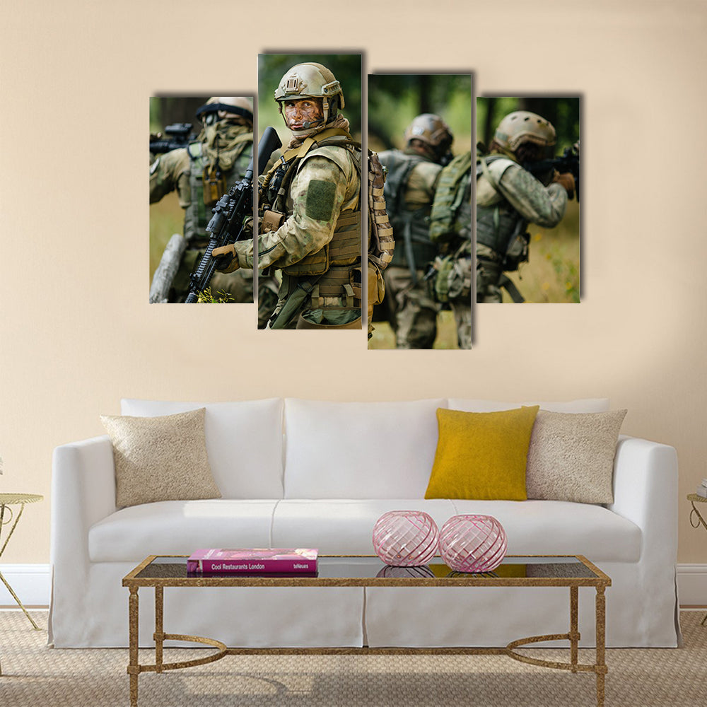Team of soldiers engaged in the exploration of the forest Multi Panel Canvas Wall Art