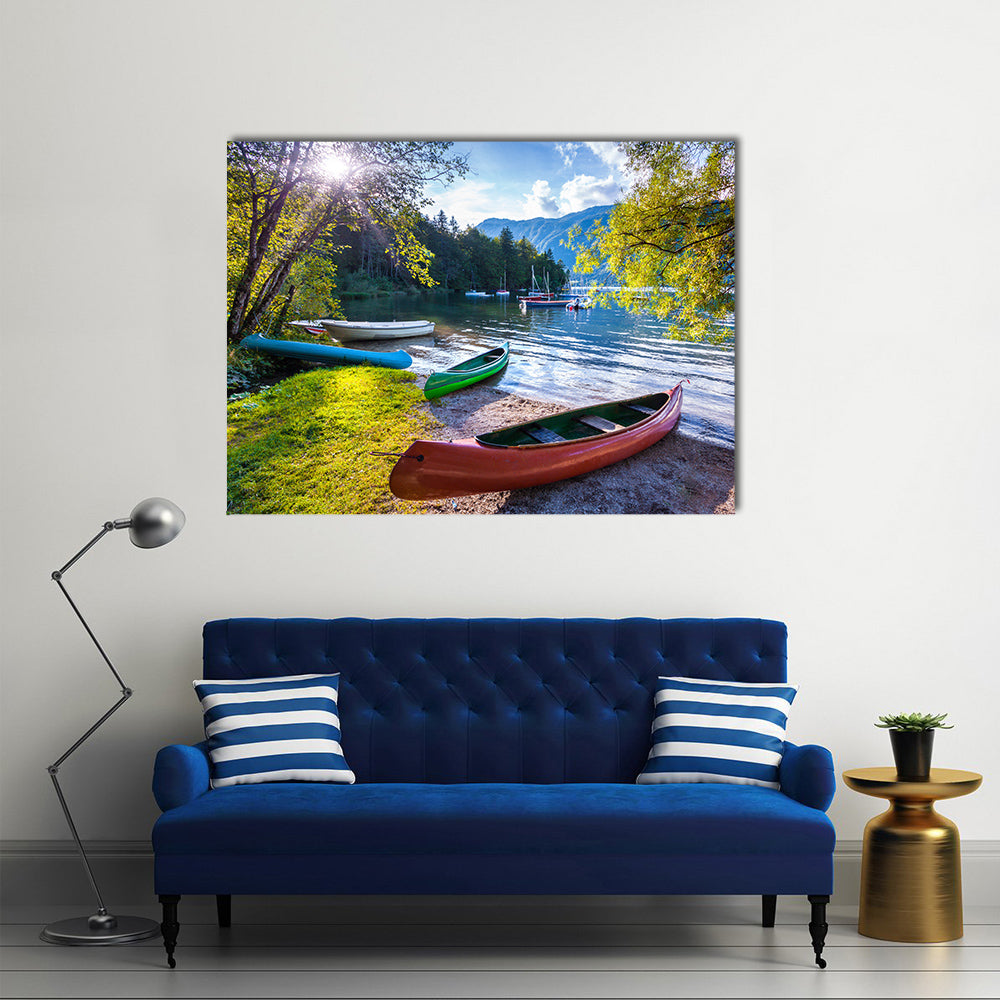 Bohinj Lake with boats, Triglav National Park, Julian Alps, Slovenia multi panel canvas wall art