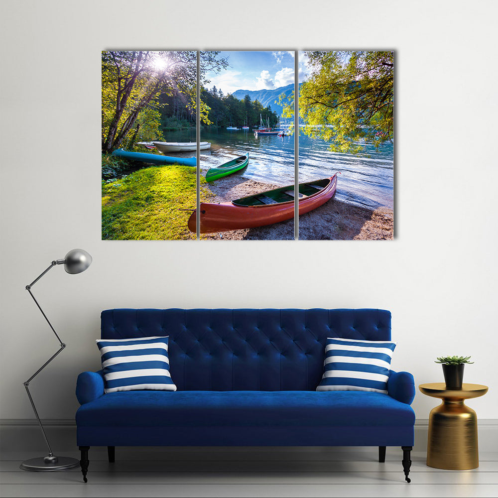 Bohinj Lake with boats, Triglav National Park, Julian Alps, Slovenia multi panel canvas wall art