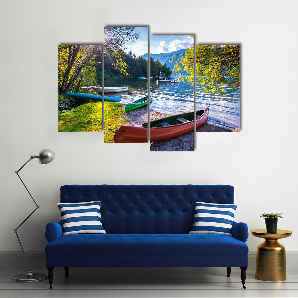 Bohinj Lake with boats, Triglav National Park, Julian Alps, Slovenia multi panel canvas wall art