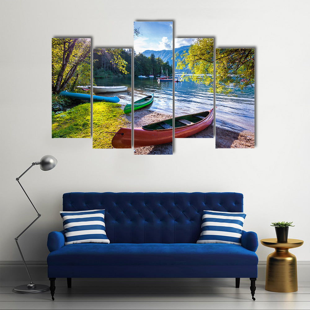 Bohinj Lake with boats, Triglav National Park, Julian Alps, Slovenia multi panel canvas wall art