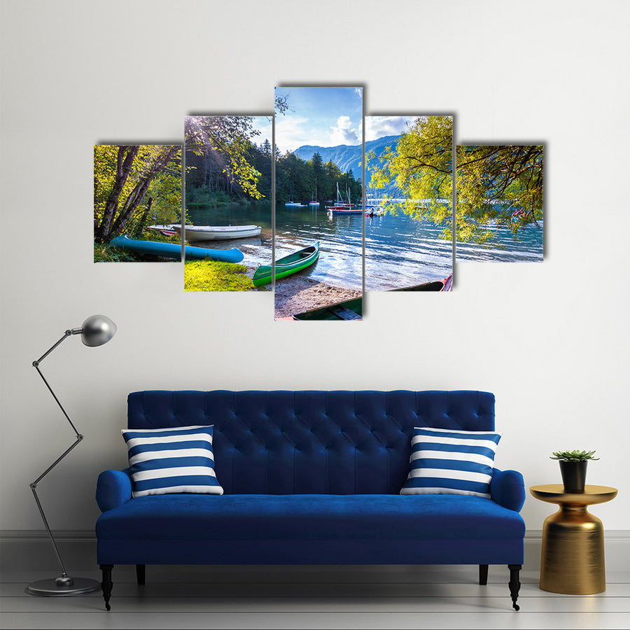 Bohinj Lake with boats, Triglav National Park, Julian Alps, Slovenia multi panel canvas wall art