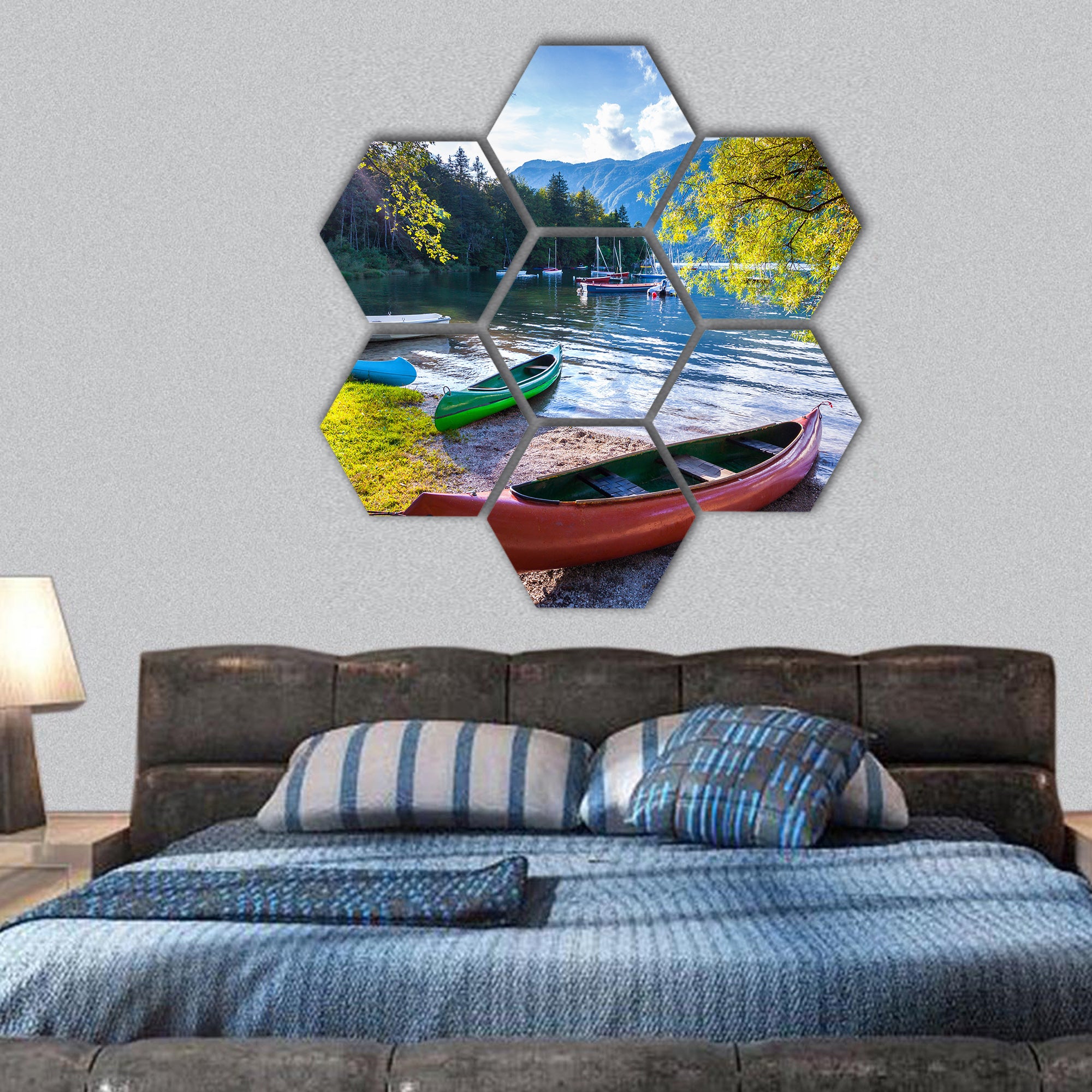 Bohinj Lake with boats, Slovenia hexagonal canvas wall art