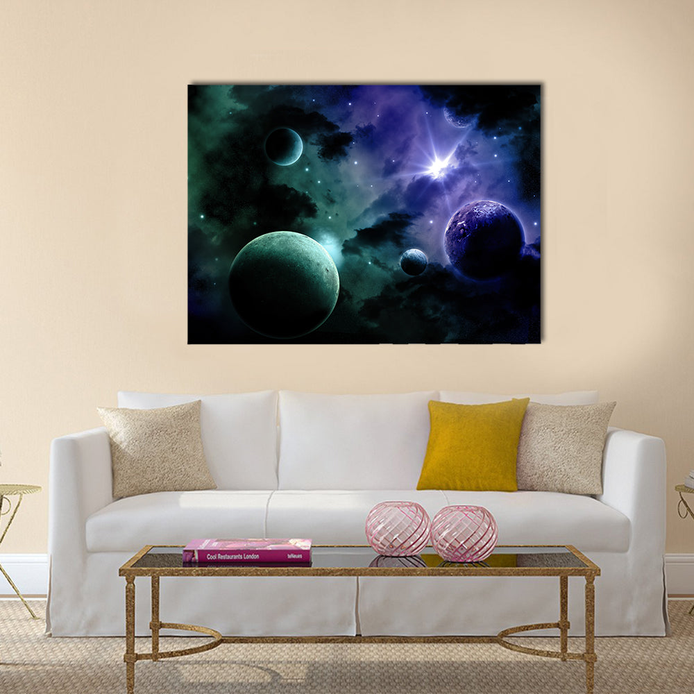 Space background with nebula and fictional planets Multi Panel Canvas Wall Art
