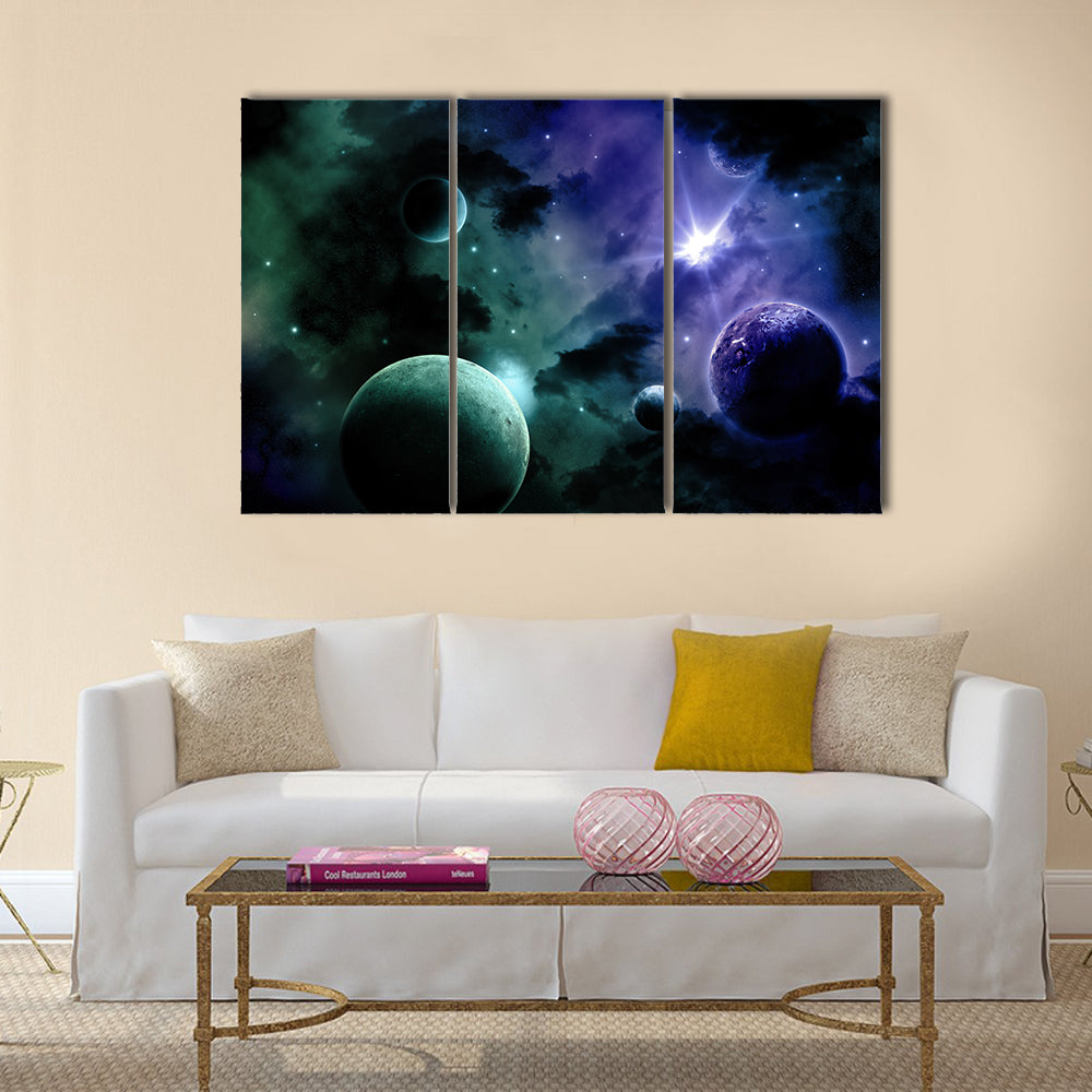 Space background with nebula and fictional planets Multi Panel Canvas Wall Art