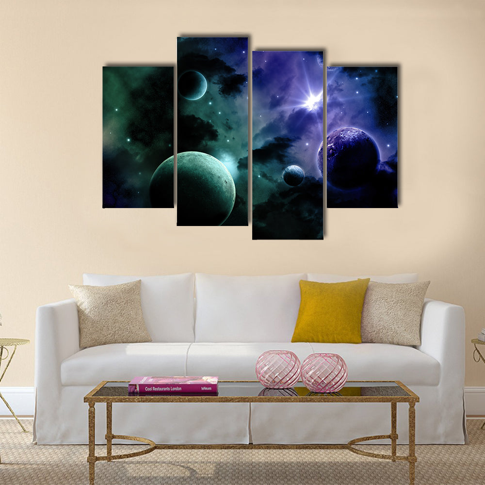 Space background with nebula and fictional planets Multi Panel Canvas Wall Art