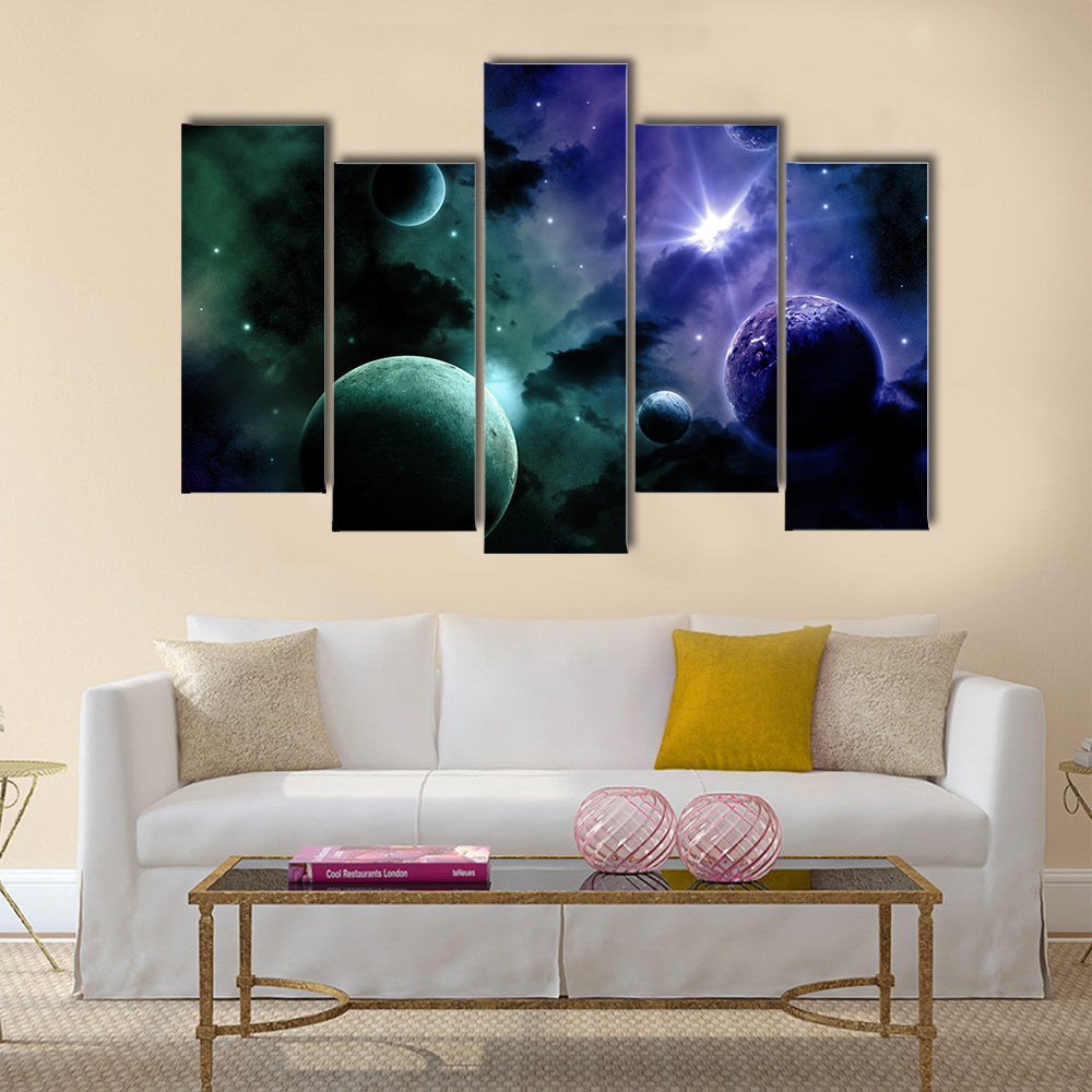 Space background with nebula and fictional planets Multi Panel Canvas Wall Art