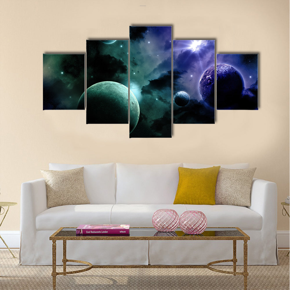 Space background with nebula and fictional planets Multi Panel Canvas Wall Art