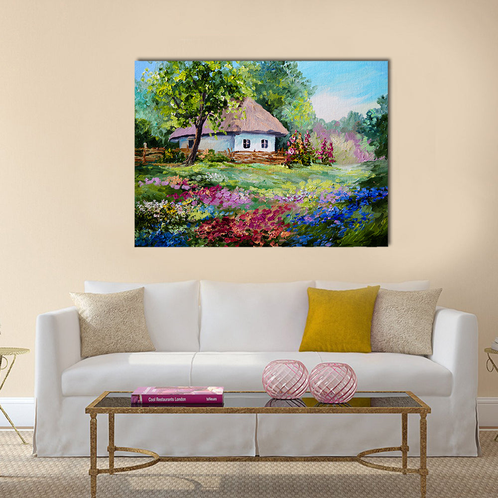 Oil painting - house in the village, flowers; landscape Multi Panel Canvas Wall Art
