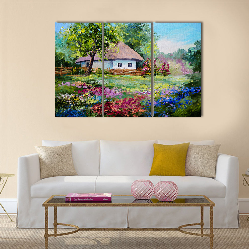 Oil painting - house in the village, flowers; landscape Multi Panel Canvas Wall Art