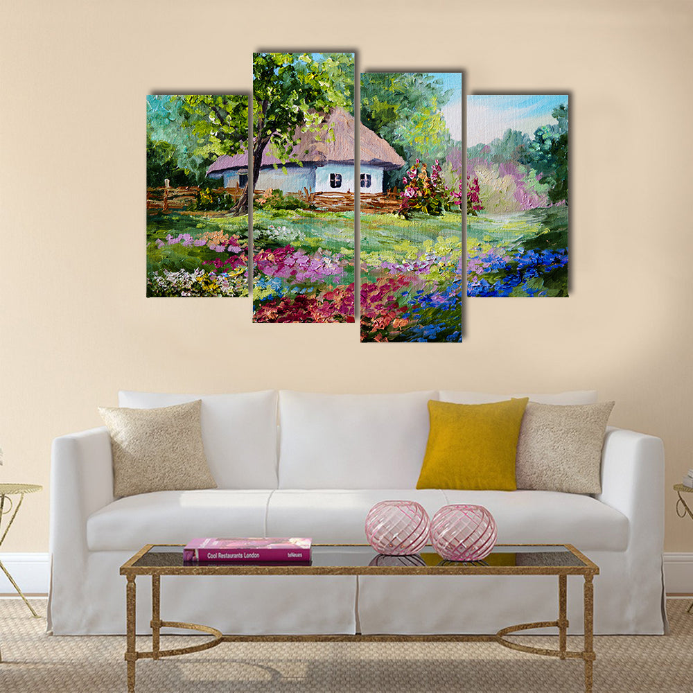 Oil painting - house in the village, flowers; landscape Multi Panel Canvas Wall Art