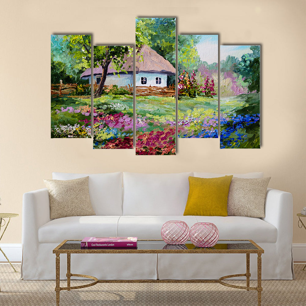 Oil painting - house in the village, flowers; landscape Multi Panel Canvas Wall Art