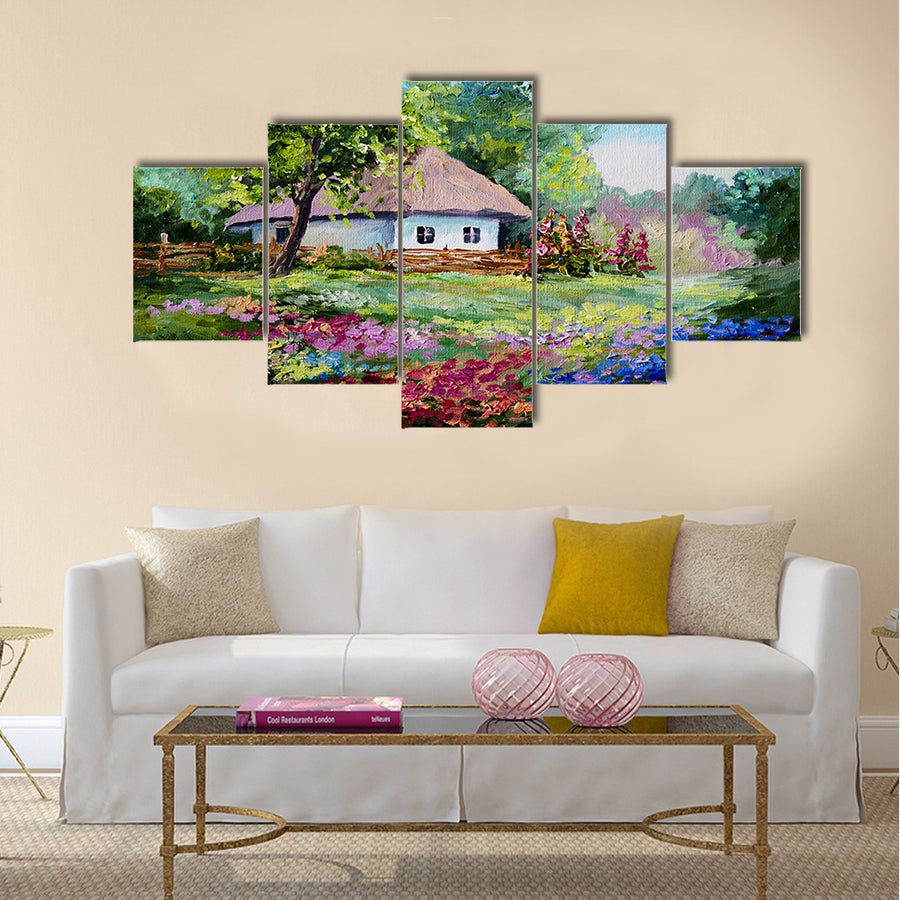 Oil painting - house in the village, flowers; landscape Multi Panel Canvas Wall Art
