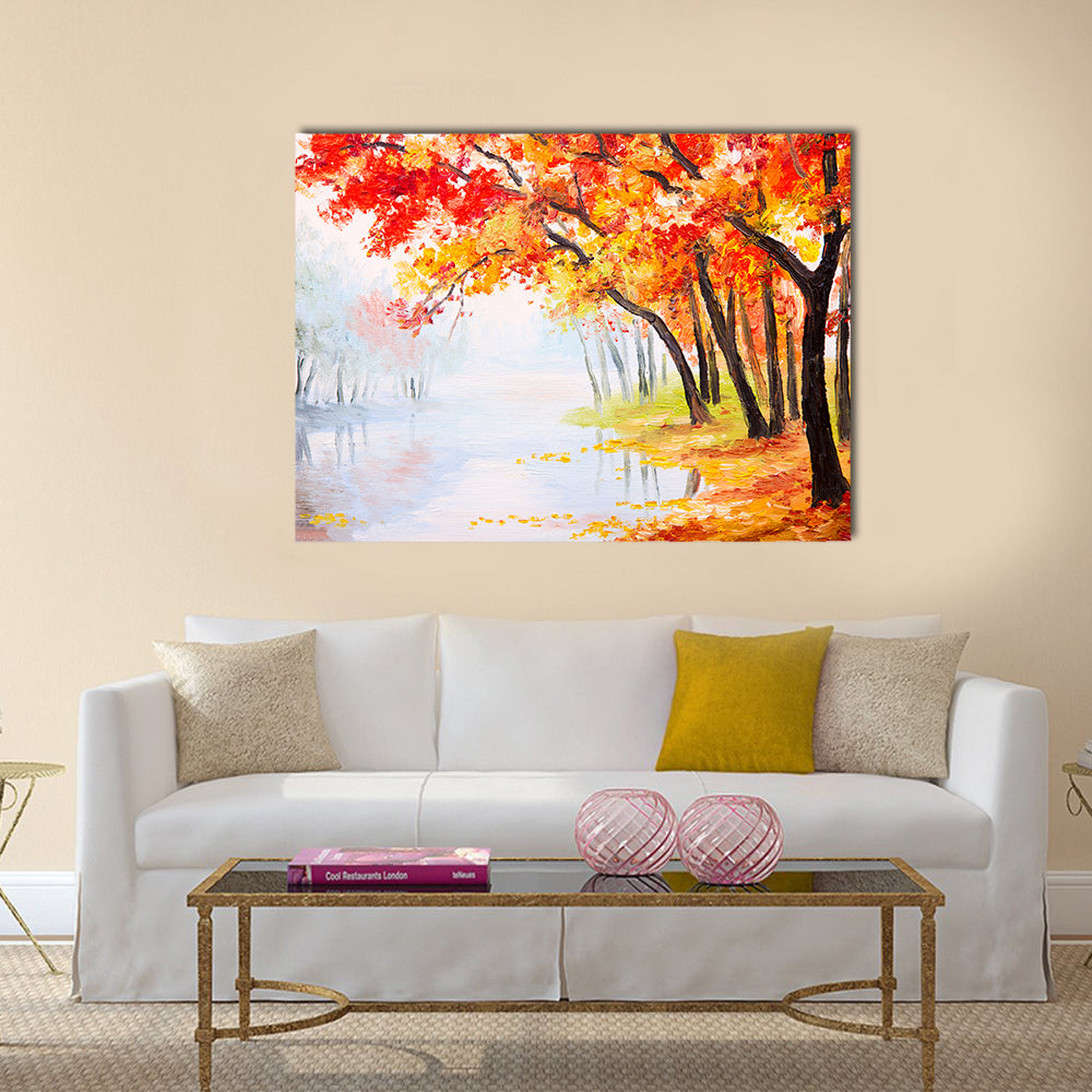 Oil painting landscape - autumn forest near the lake Multi Panel Canvas Wall Art