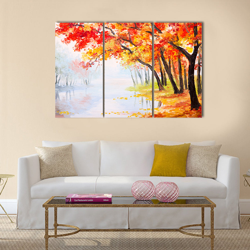 Oil painting landscape - autumn forest near the lake Multi Panel Canvas Wall Art