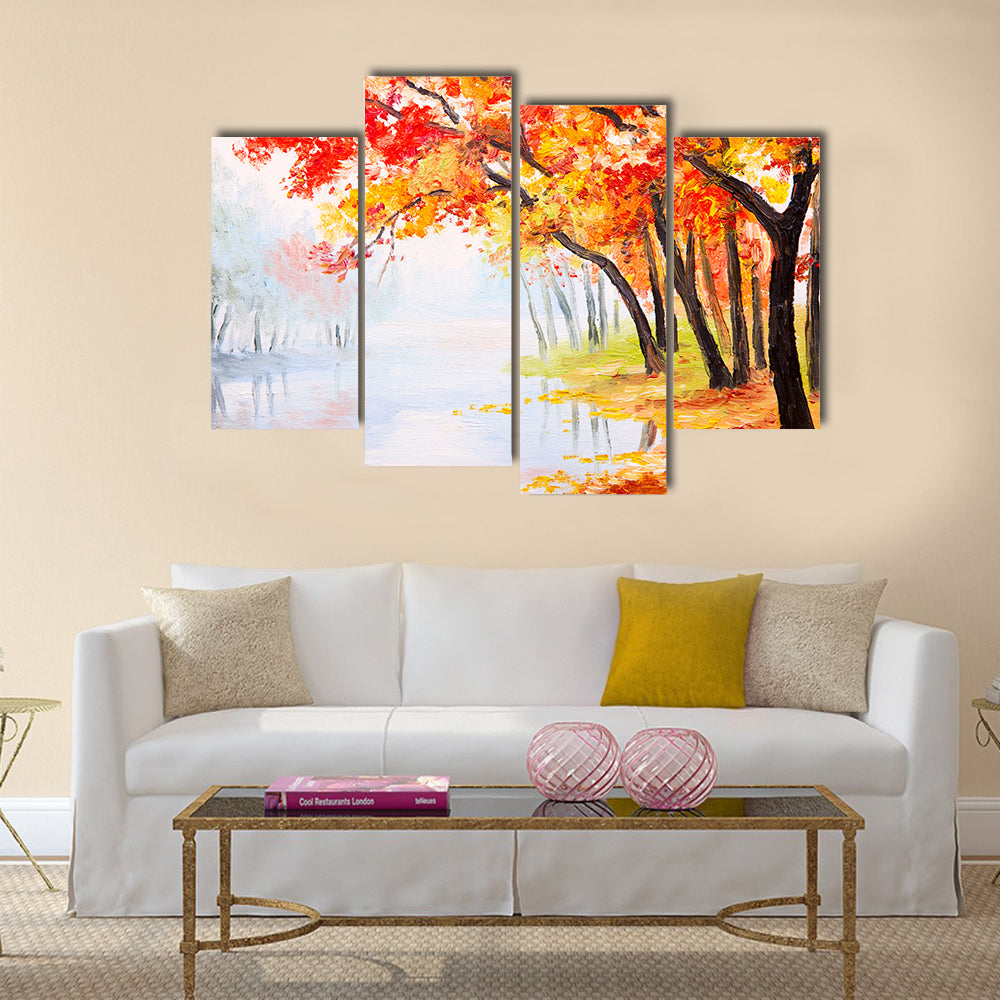 Oil painting landscape - autumn forest near the lake Multi Panel Canvas Wall Art