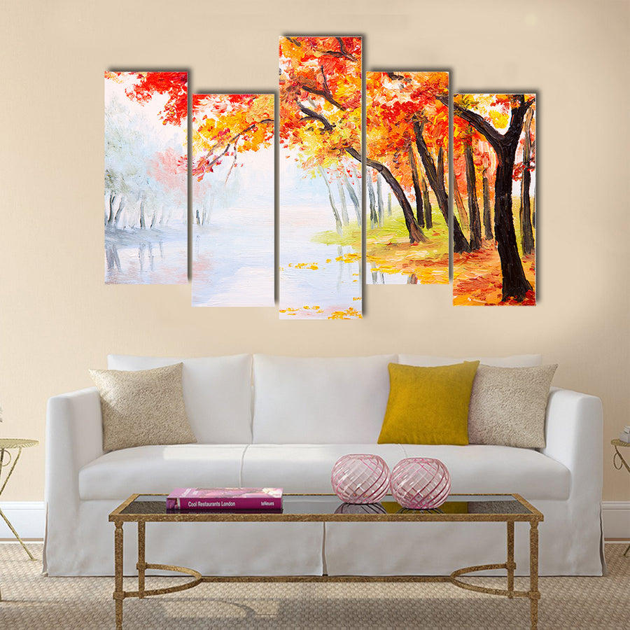 Oil painting landscape - autumn forest near the lake Multi Panel Canvas Wall Art