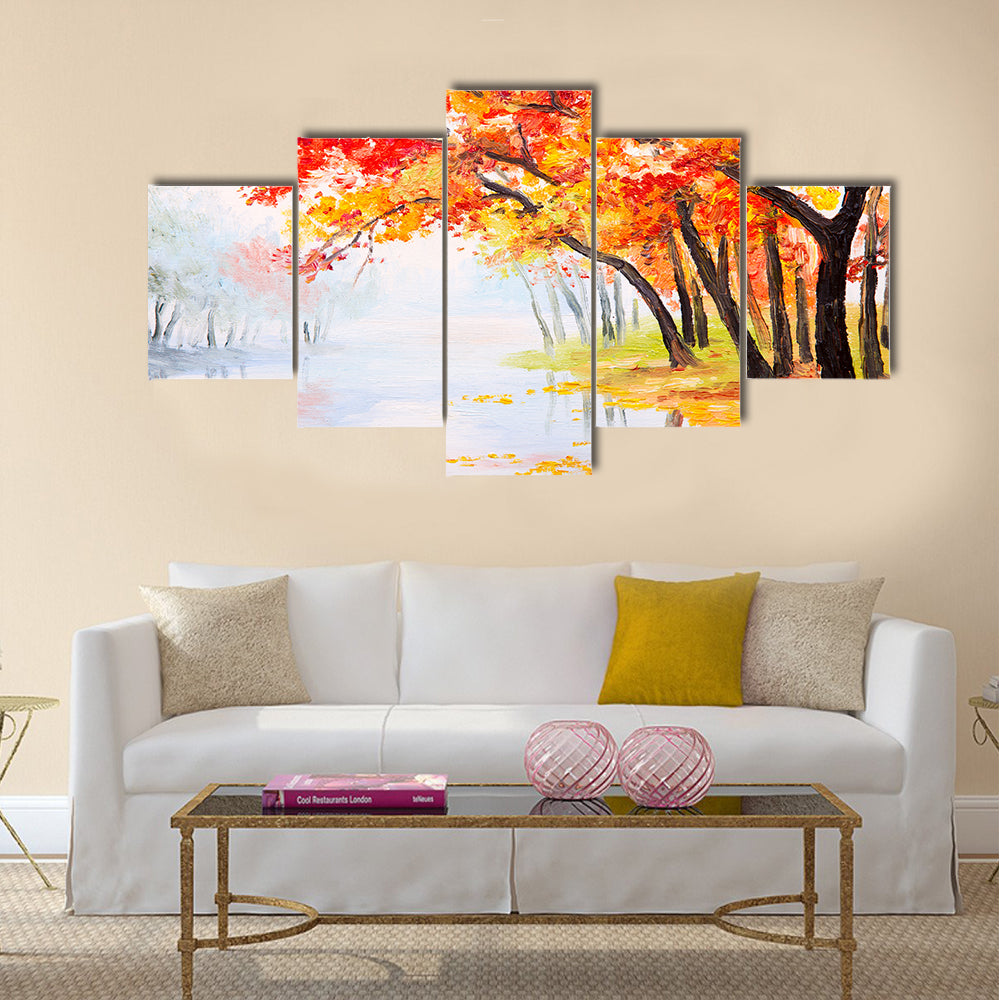Oil painting landscape - autumn forest near the lake Multi Panel Canvas Wall Art