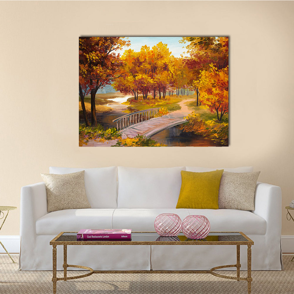 An Oil Painting Showing An Autumn Forest With A River And Bridge Multi Panel Canvas Wall Art