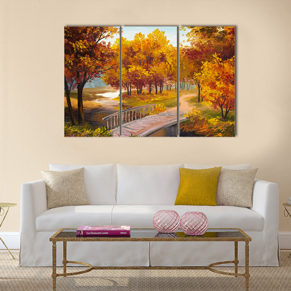 An Oil Painting Showing An Autumn Forest With A River And Bridge Multi Panel Canvas Wall Art
