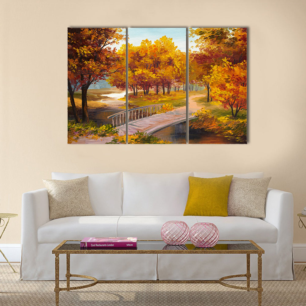 Oil Painting - autumn forest with a river and bridge over the river Multi Panel Canvas Wall Art