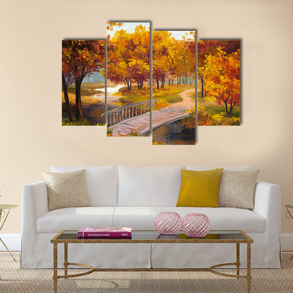 An Oil Painting Showing An Autumn Forest With A River And Bridge Multi Panel Canvas Wall Art