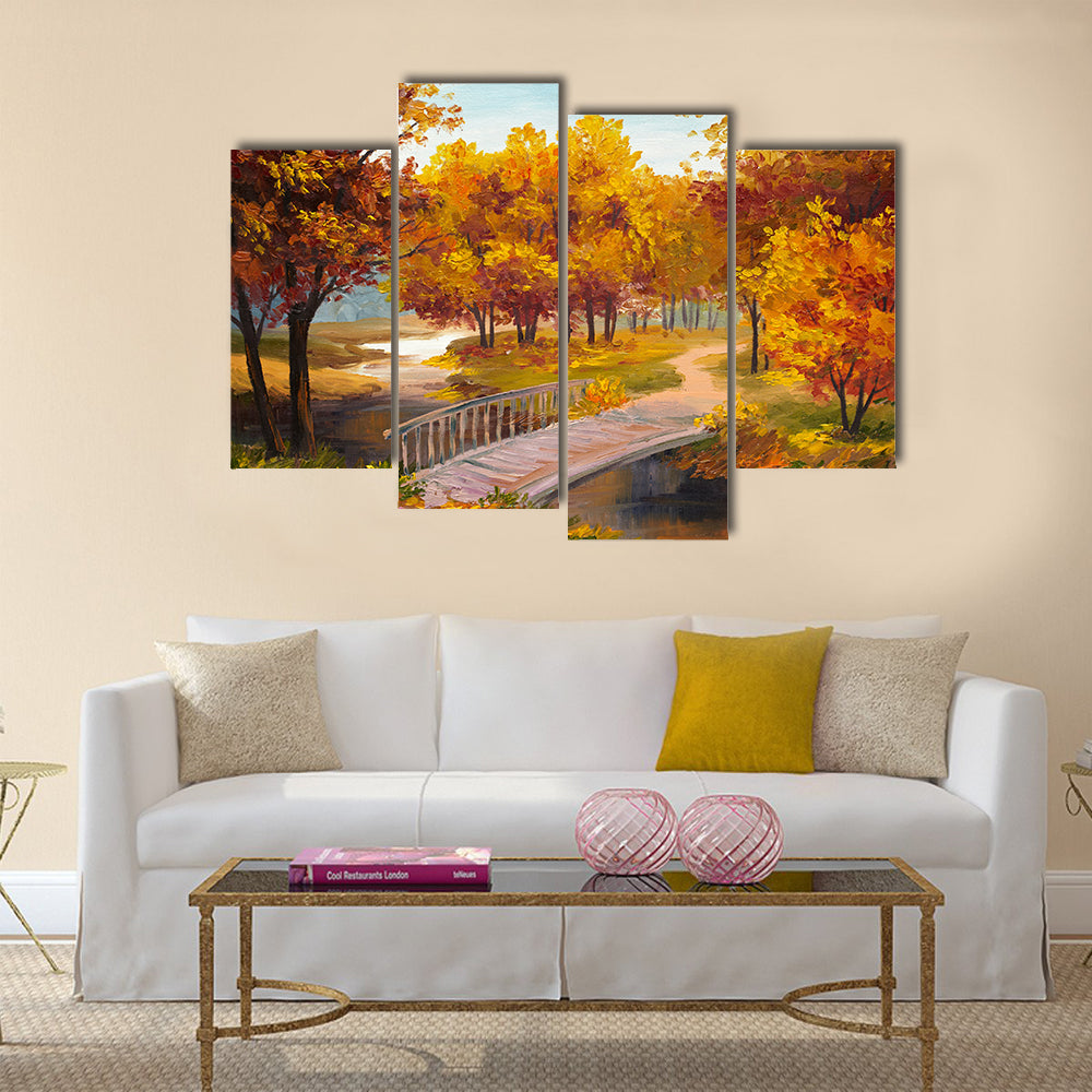 Oil Painting - autumn forest with a river and bridge over the river Multi Panel Canvas Wall Art