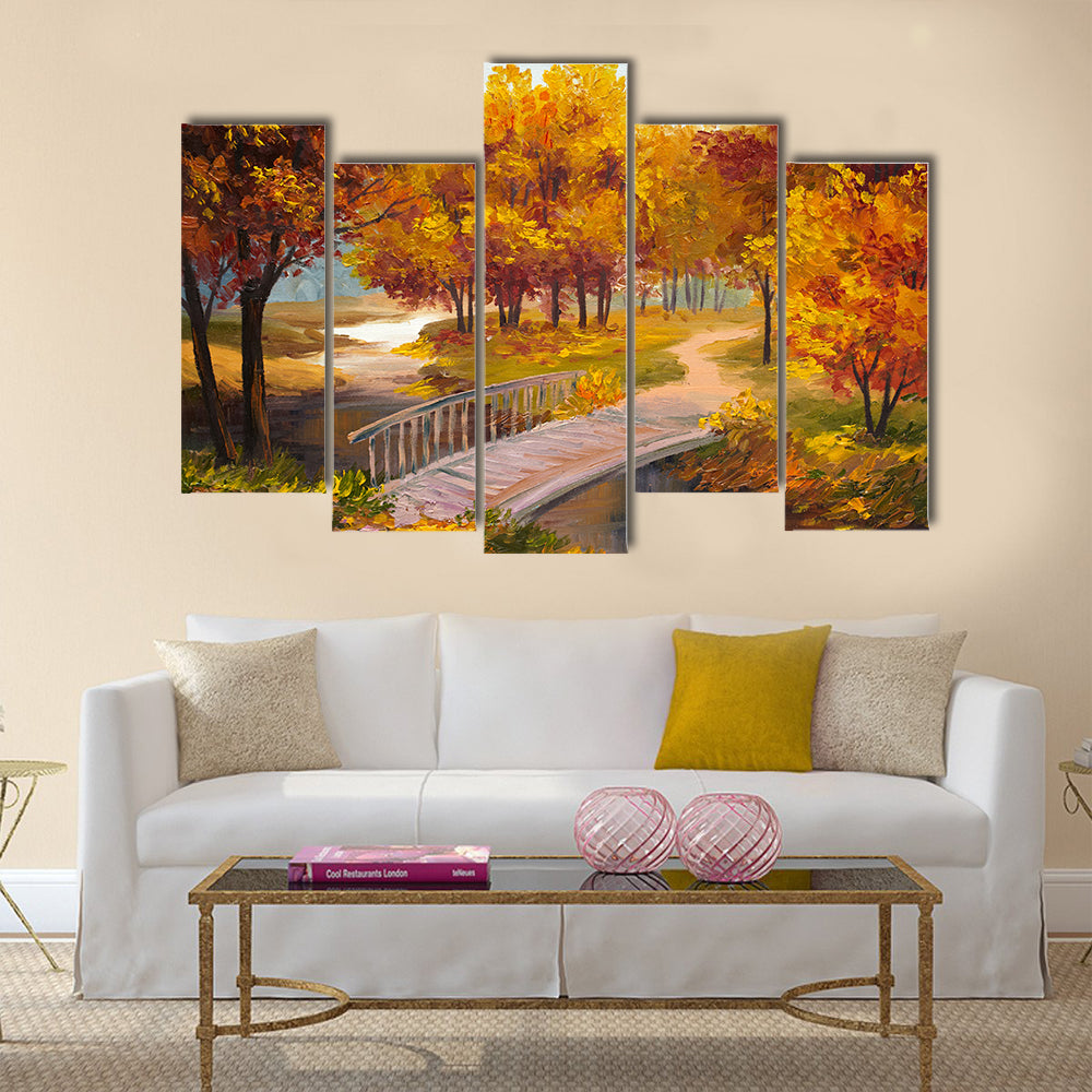 An Oil Painting Showing An Autumn Forest With A River And Bridge Multi Panel Canvas Wall Art