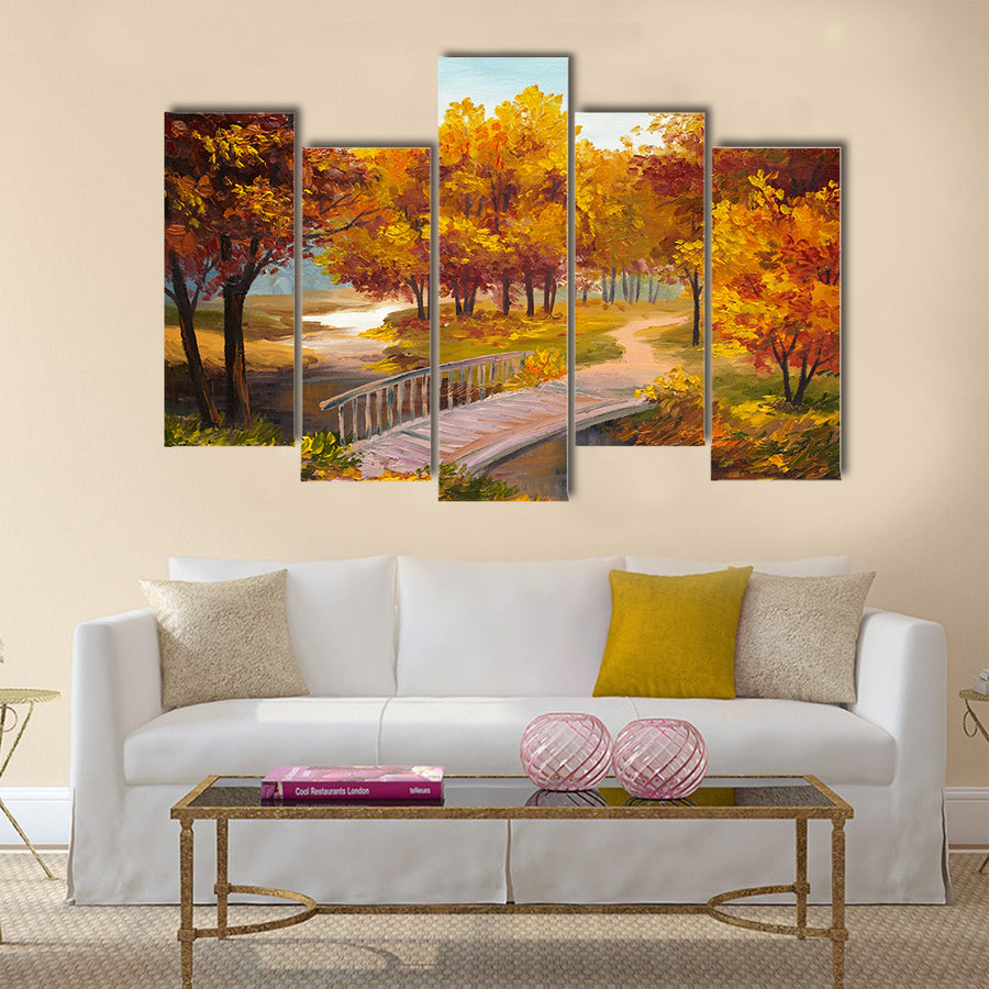 Oil Painting - autumn forest with a river and bridge over the river Multi Panel Canvas Wall Art
