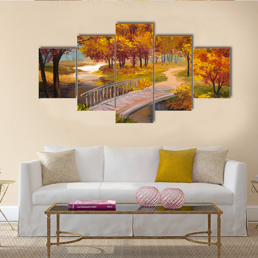 An Oil Painting Showing An Autumn Forest With A River And Bridge Multi Panel Canvas Wall Art