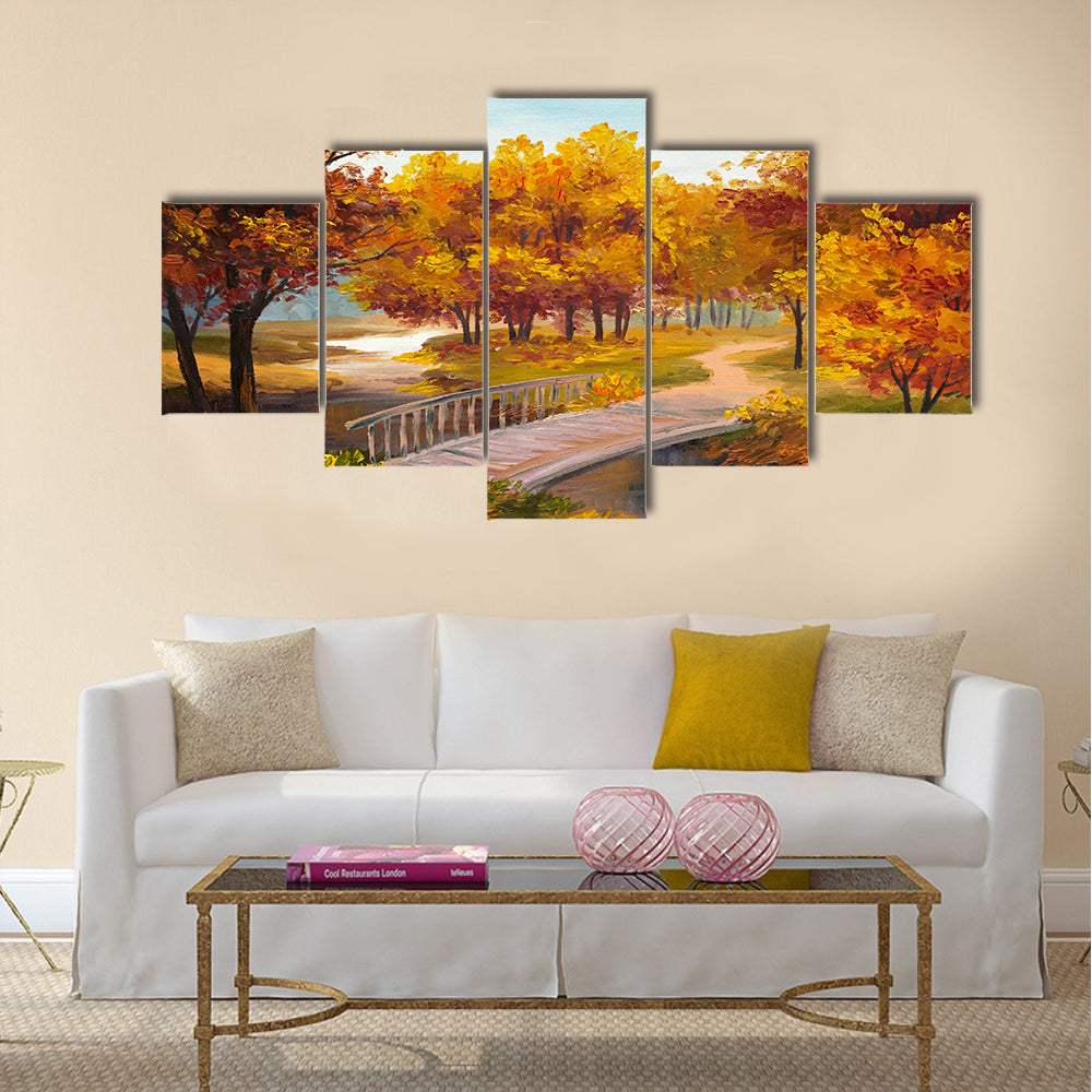 Oil Painting - autumn forest with a river and bridge over the river Multi Panel Canvas Wall Art