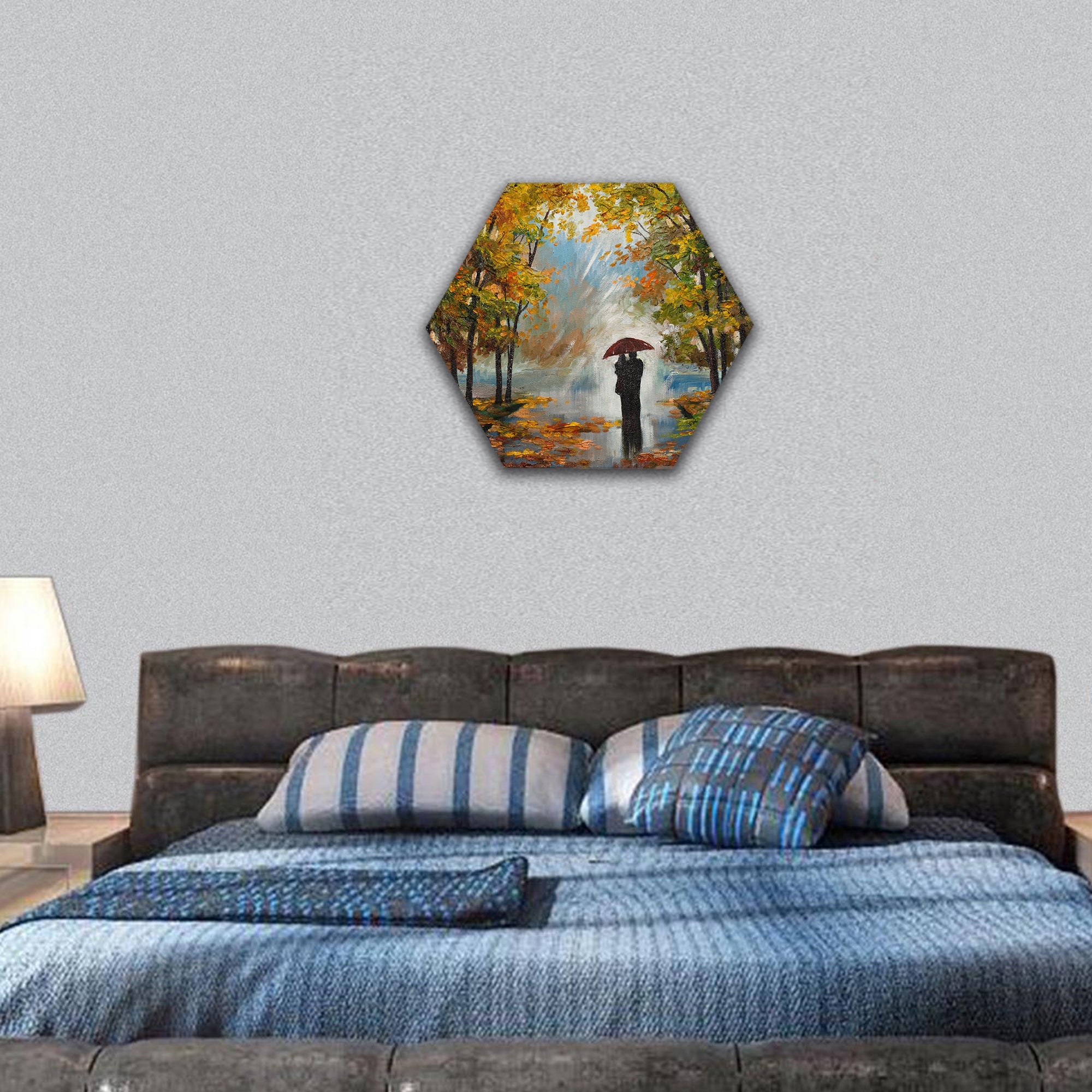 Couple in the forest , Oil Painting hexagonal canvas wall art
