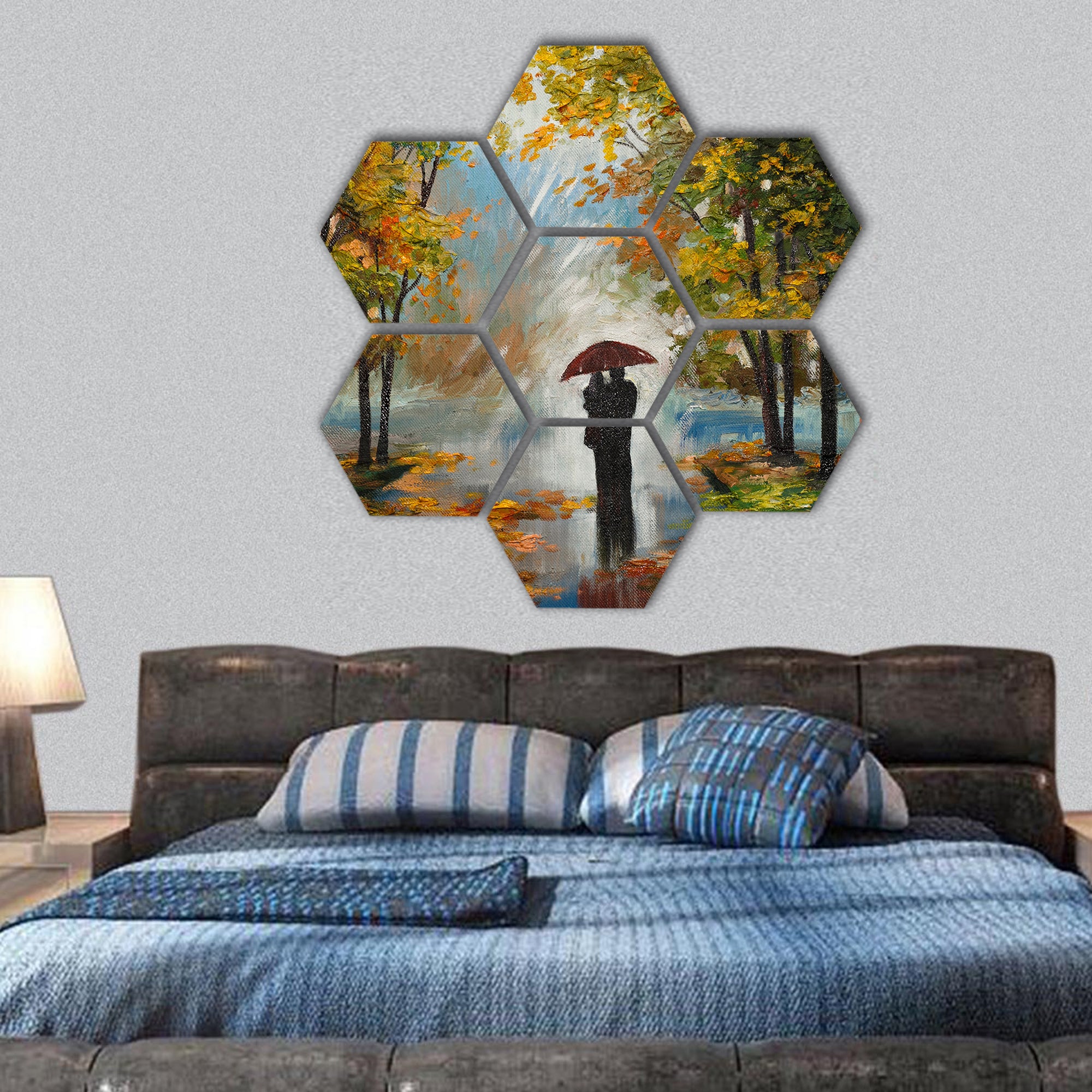 Couple in the forest , Oil Painting hexagonal canvas wall art