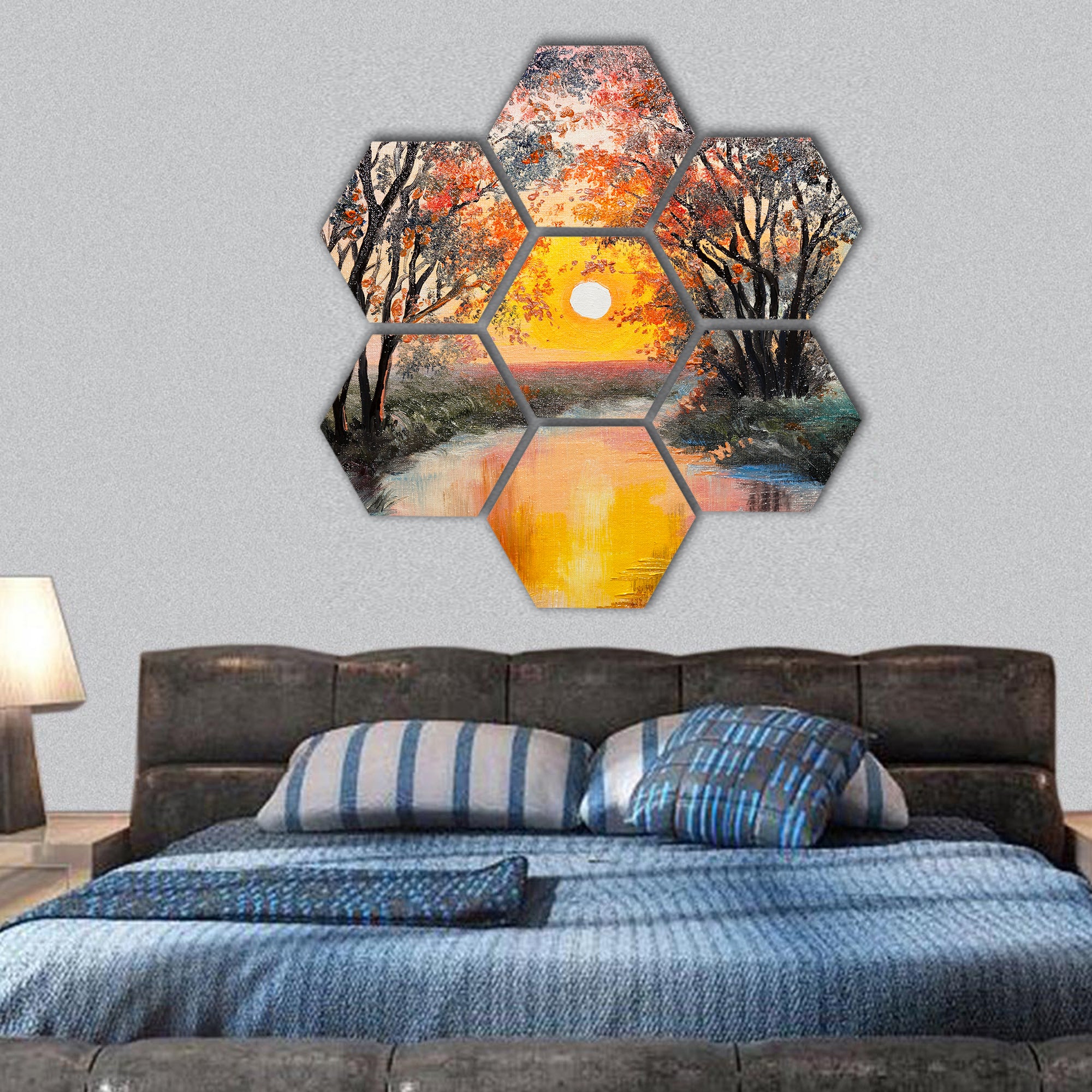 River, watercolor, wallpaper, tree, Oil Painting hexagonal canvas wall art