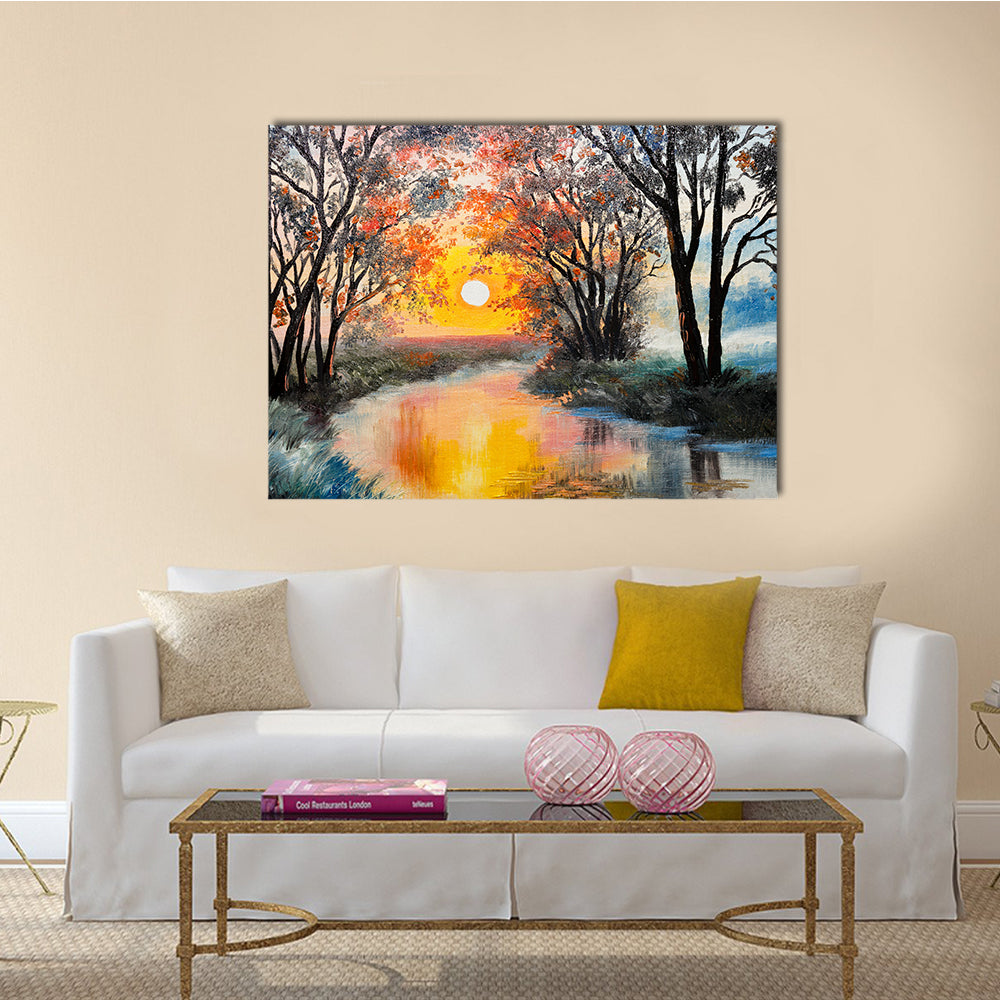 The Oil Painting On A Canvas, Indicating The River And Tree Multi Panel Canvas Wall Art