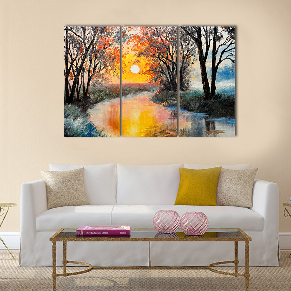 The Oil Painting On A Canvas, Indicating The River And Tree Multi Panel Canvas Wall Art