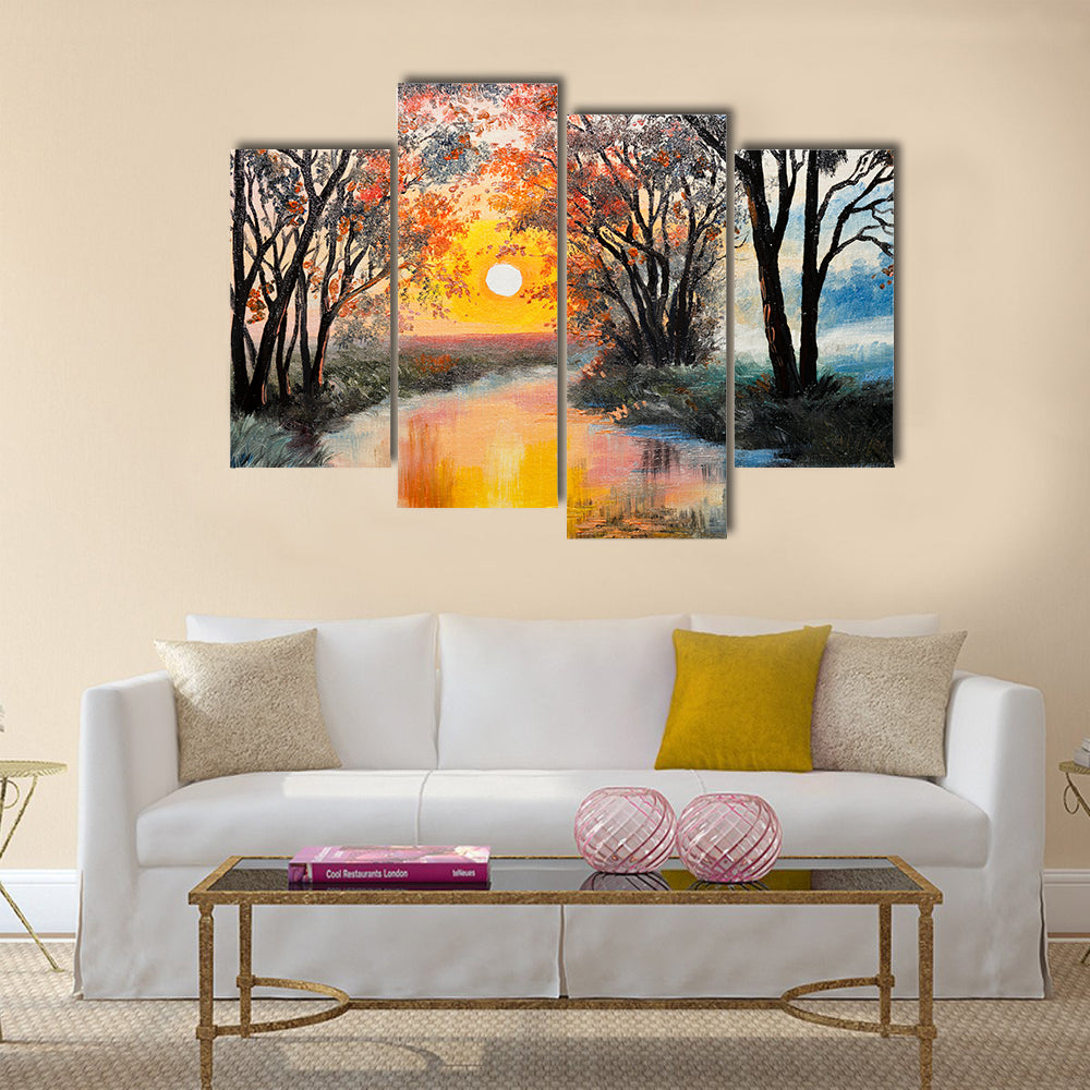 The Oil Painting On A Canvas, Indicating The River And Tree Multi Panel Canvas Wall Art